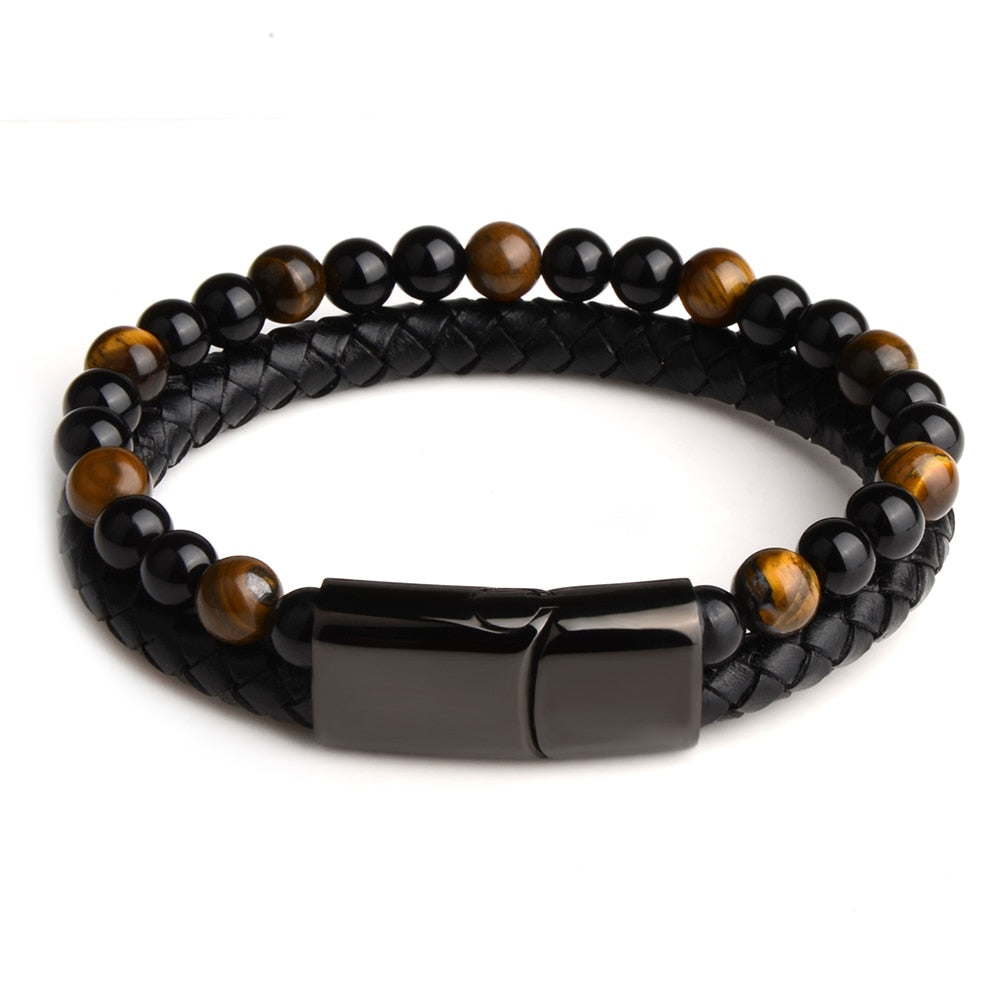 Natural Stone Bracelets with Leather Braids