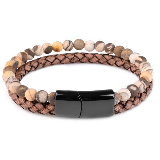 Natural Stone Bracelets with Leather Braids